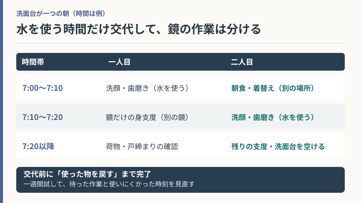 洗面台を二人で使うときに水が必要な身支度と鏡だけの支度を交代する7時〜7時20分の例示時間割