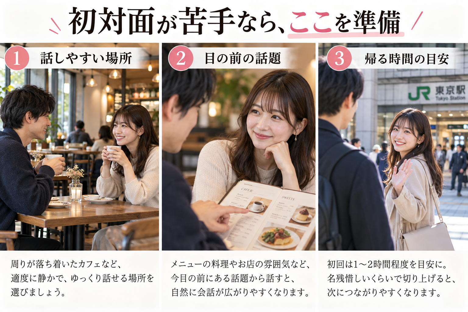 人見知りで初対面のデートが不安なとき、場所・会話のきっかけ・帰る時間の目安を実写で比較