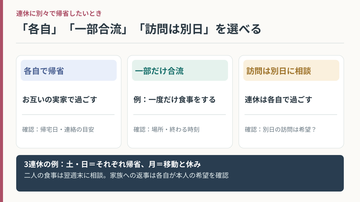 恋人との帰省を各自・一部合流・別日訪問の3通りで組み、それぞれ確認する項目を比較した図解