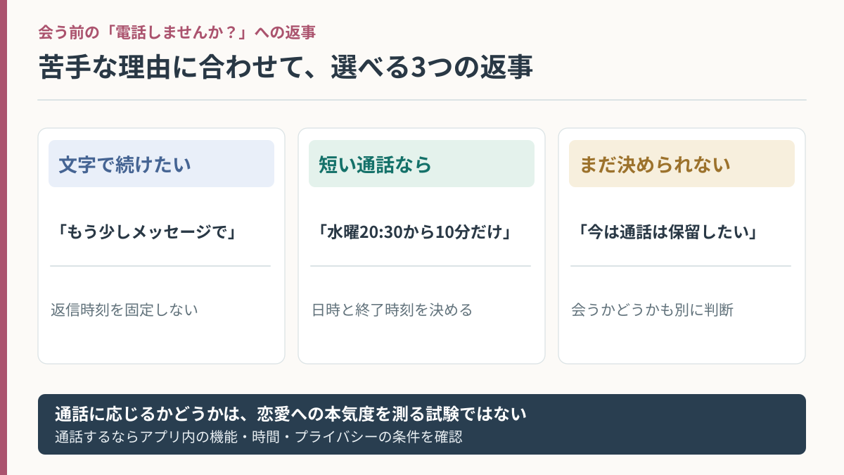 電話が苦手な人がメッセージ・時間を決めた短い通話・対面・保留を選ぶ判断図