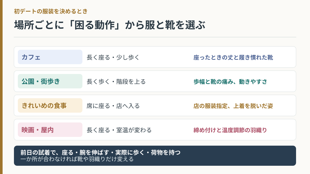 初デートの行き先ごとに座る・歩く・階段・温度差の動きを確認する服装選びの図