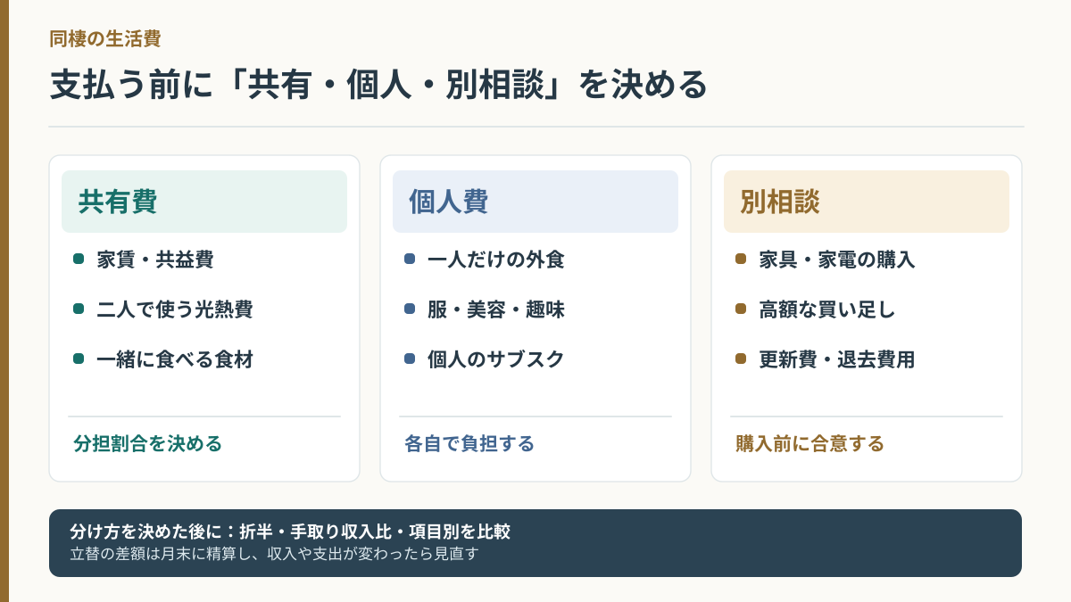同棲の支出を共有費・個人費・購入前に別相談する費用に分け、各項目と分担方法を整理する図解