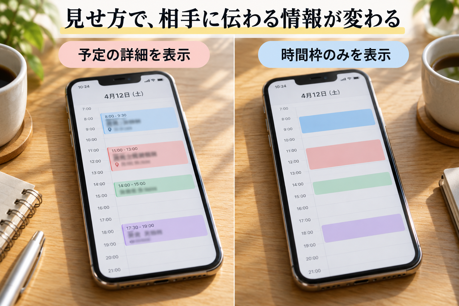 同じ時間帯でも、詳細表示と時間枠だけの表示では伝わる情報が異なることを比較