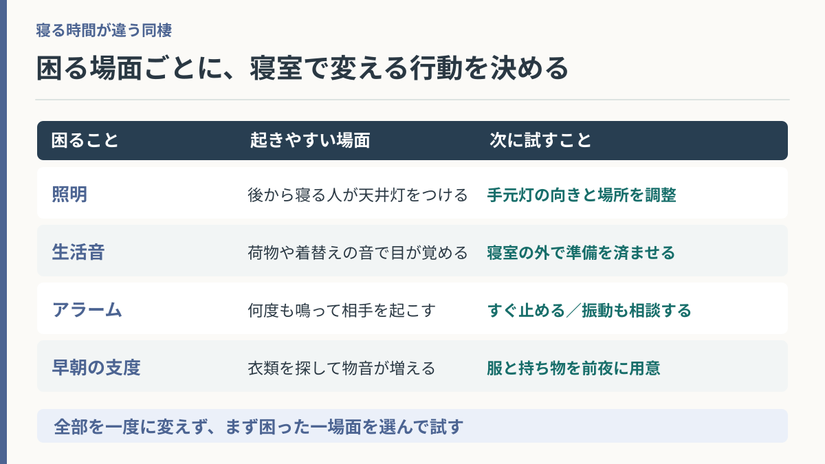 寝る時間が違う同棲で照明・生活音・アラーム・朝の支度を調整する具体例