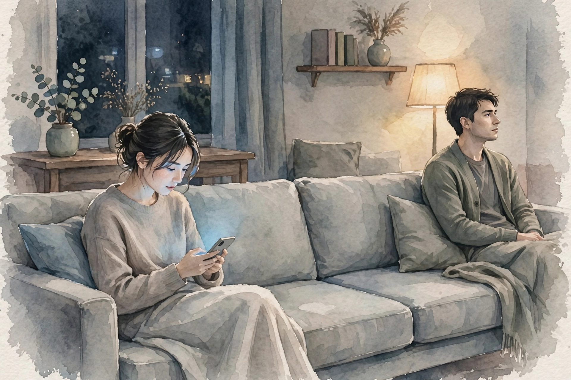 夜のリビングで少し距離を置いて座る二人のイラスト