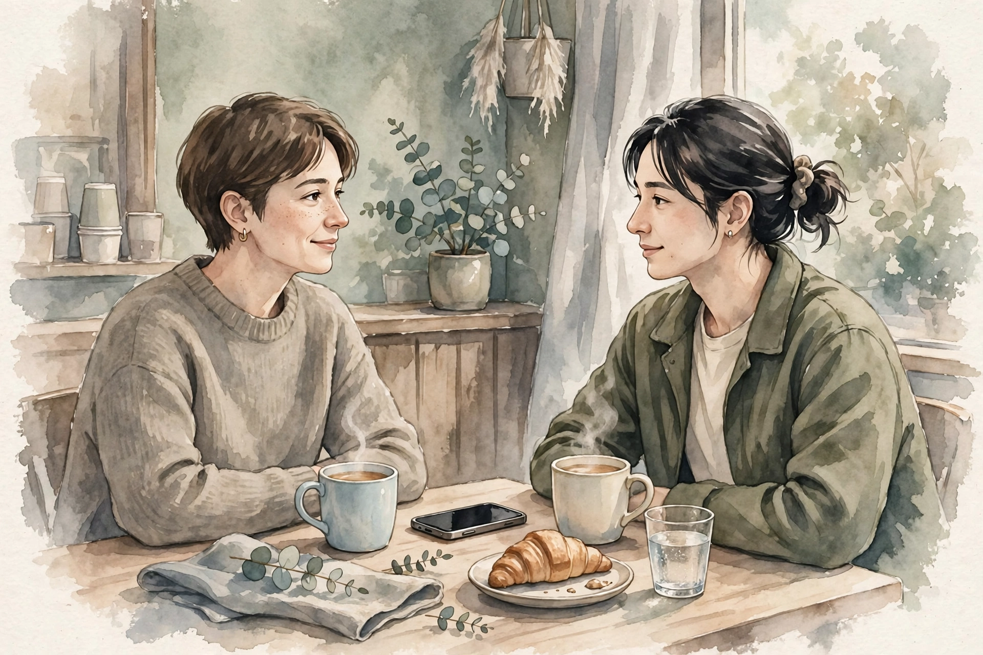 カフェでスマホを伏せて穏やかに話す二人のイラスト