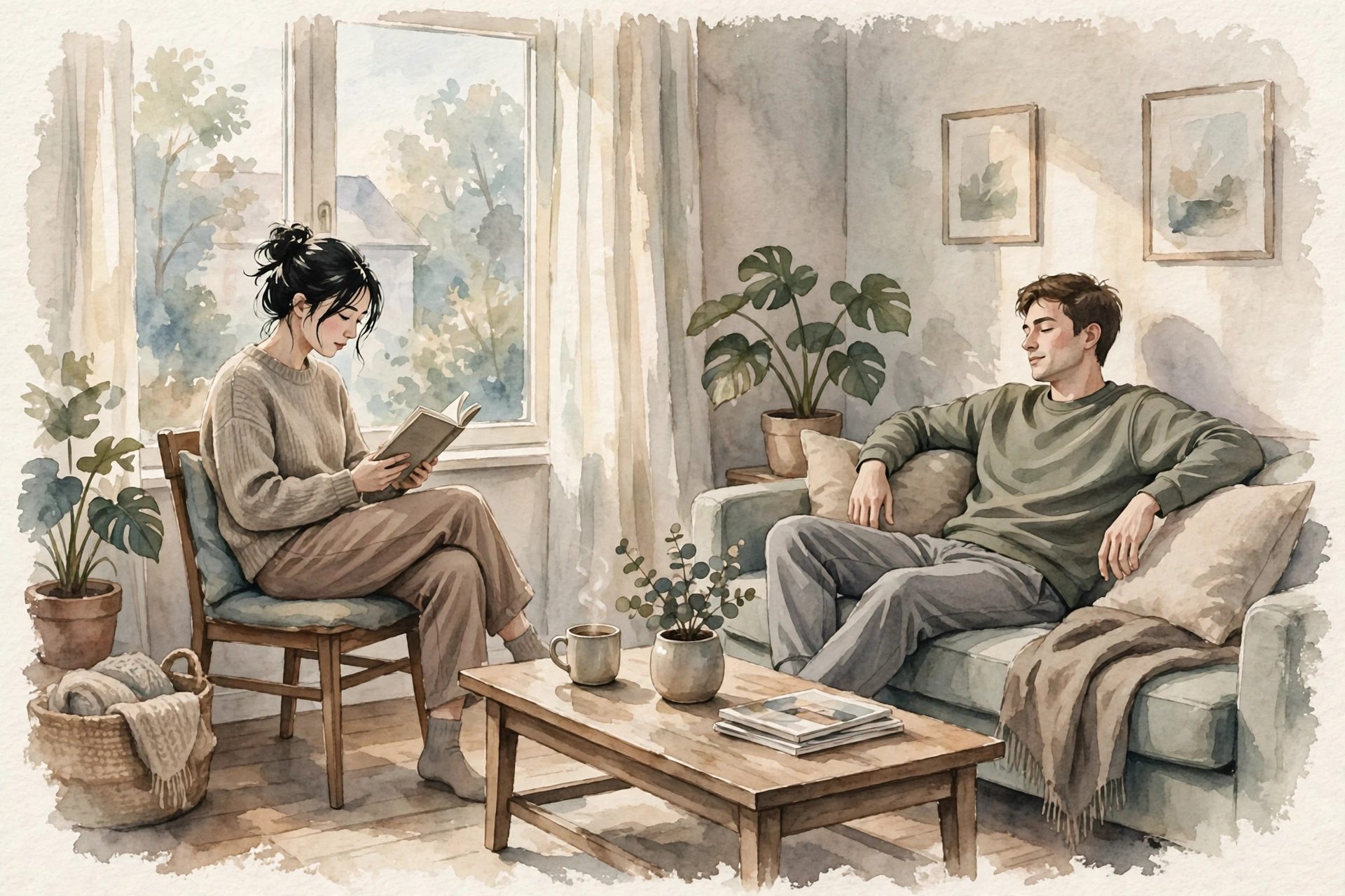 同じ部屋の少し離れた場所で、それぞれ本を読んだりソファでくつろいだりする二人