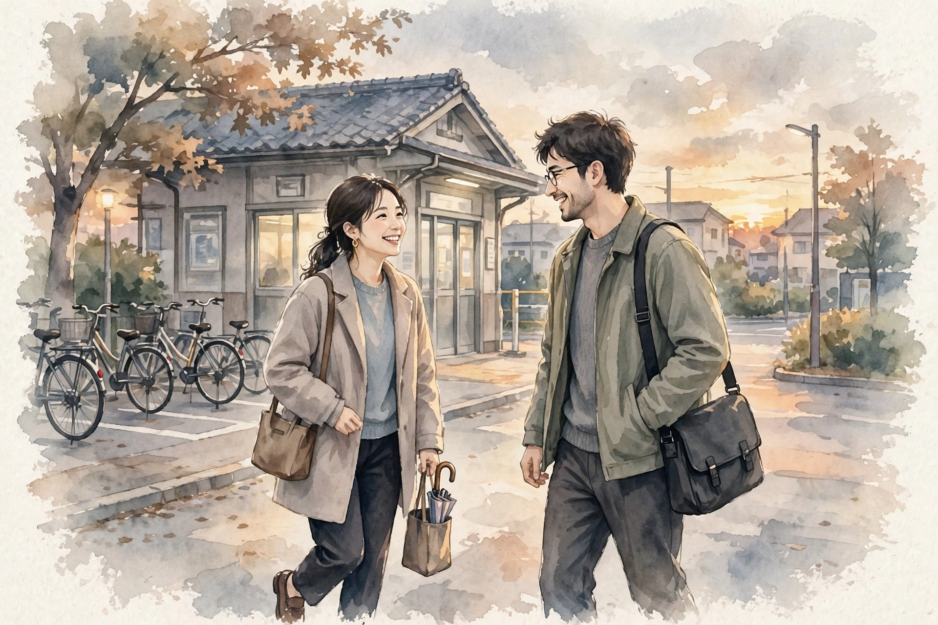夕方の駅前で待ち合わせ、笑顔で合流する二人