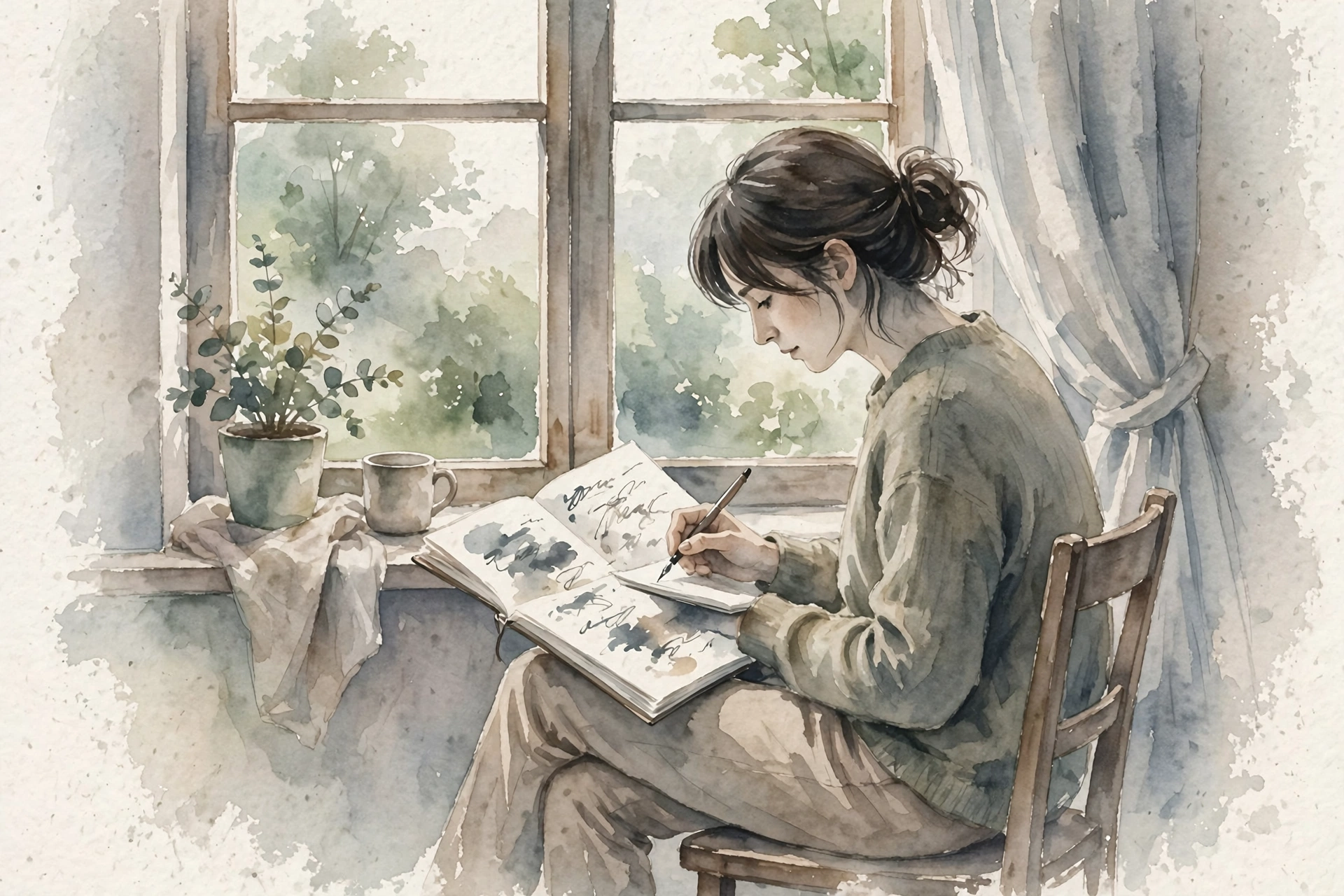 窓辺の椅子で手帳に気持ちを書き出す人