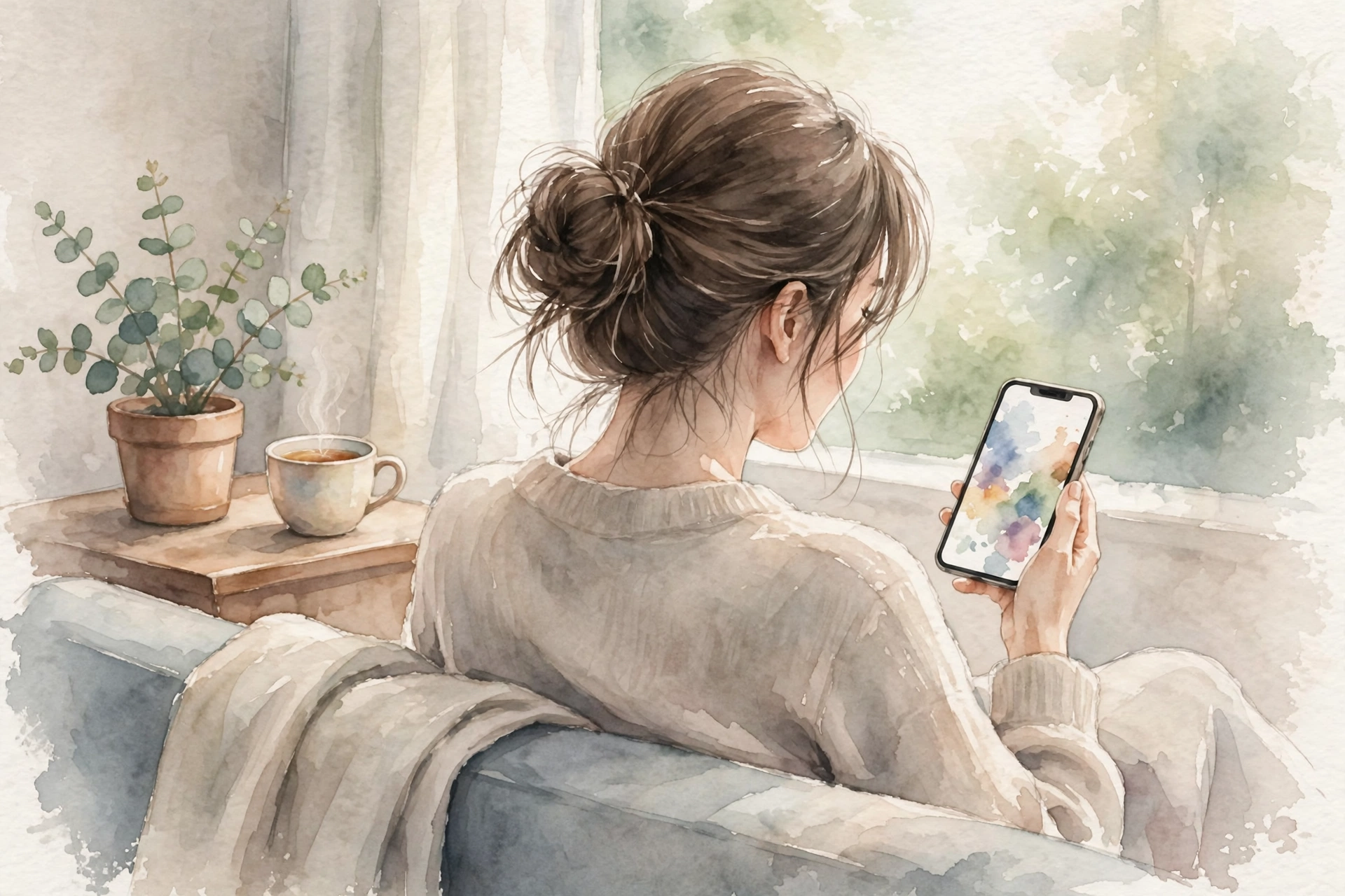 スマホを見ながら購入前の条件を考える女性