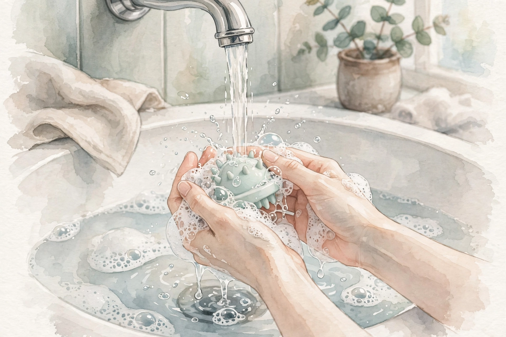 流水でアイテムを洗う手元