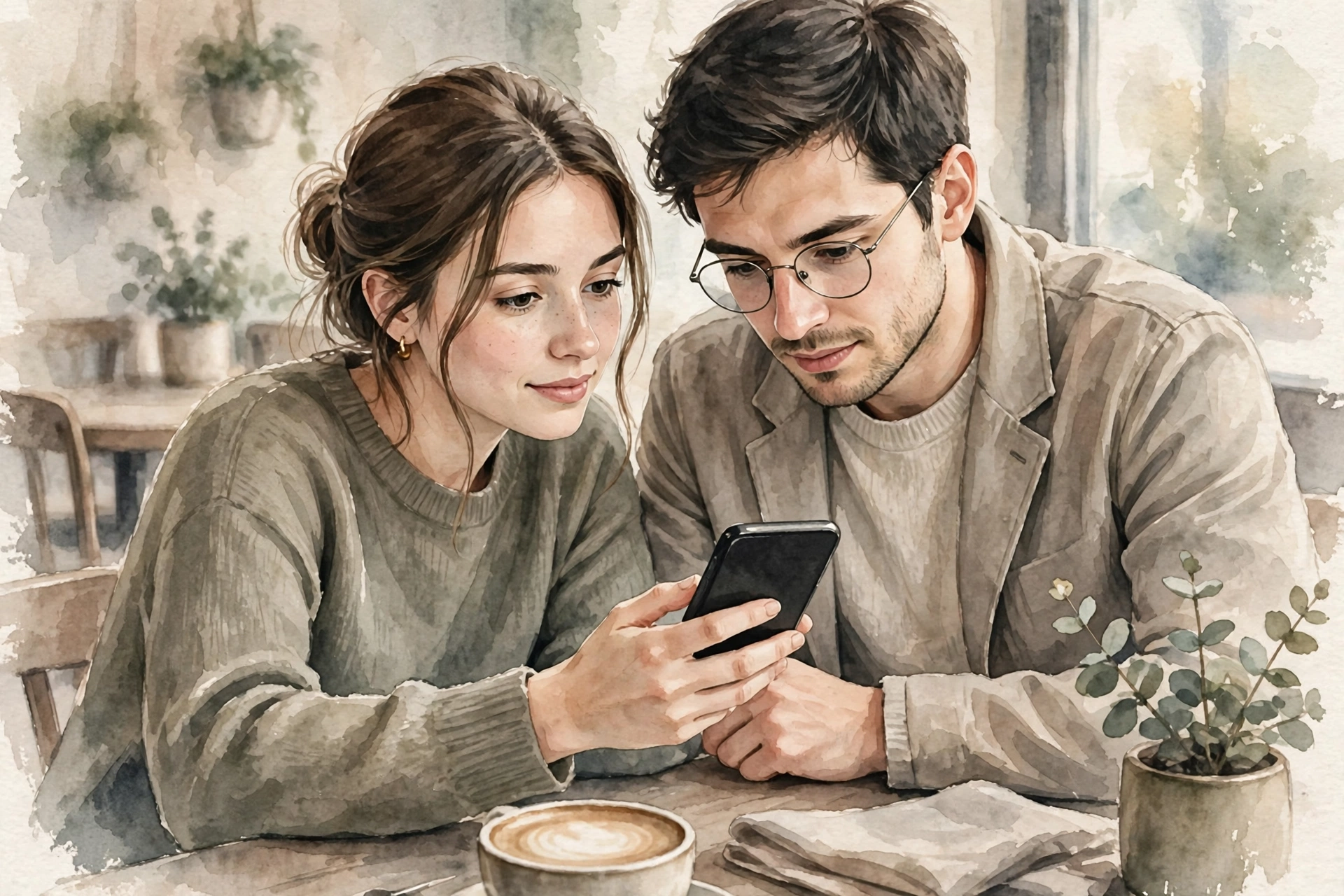 カフェでスマホの写真の下書きを恋人に見せて確認してもらう二人