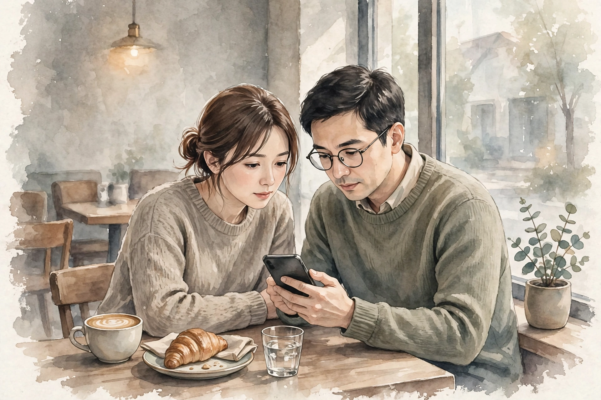 窓際の席でスマホを一緒に覗き込み、公開範囲を相談する二人
