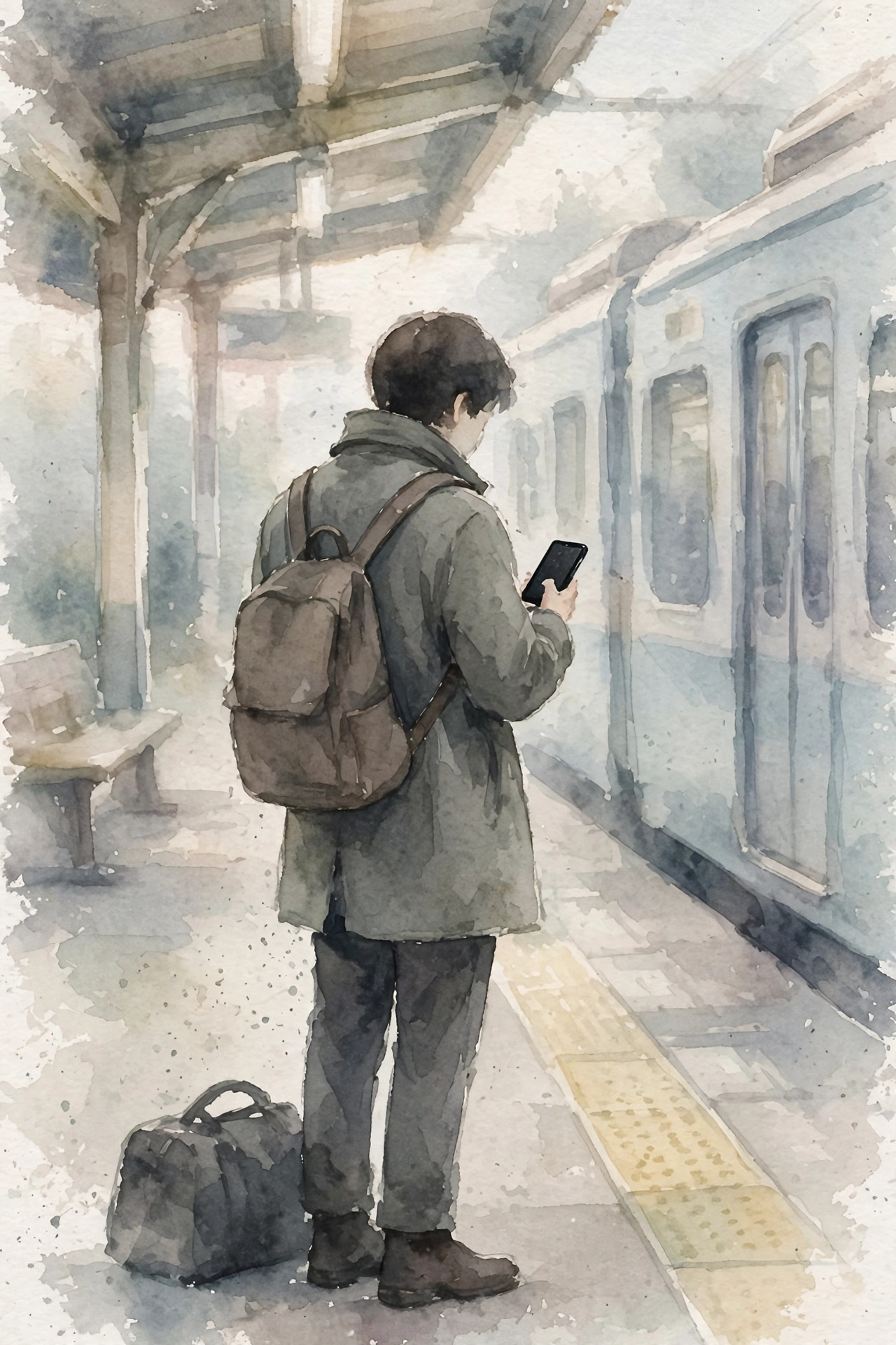 駅のホームでスマホの連絡を見て足を止める人の後ろ姿