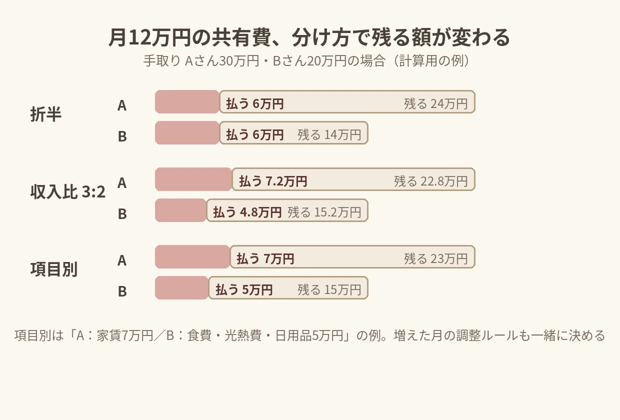 折半・収入比・項目別の3方式で払う額と手元に残る額を比べる図