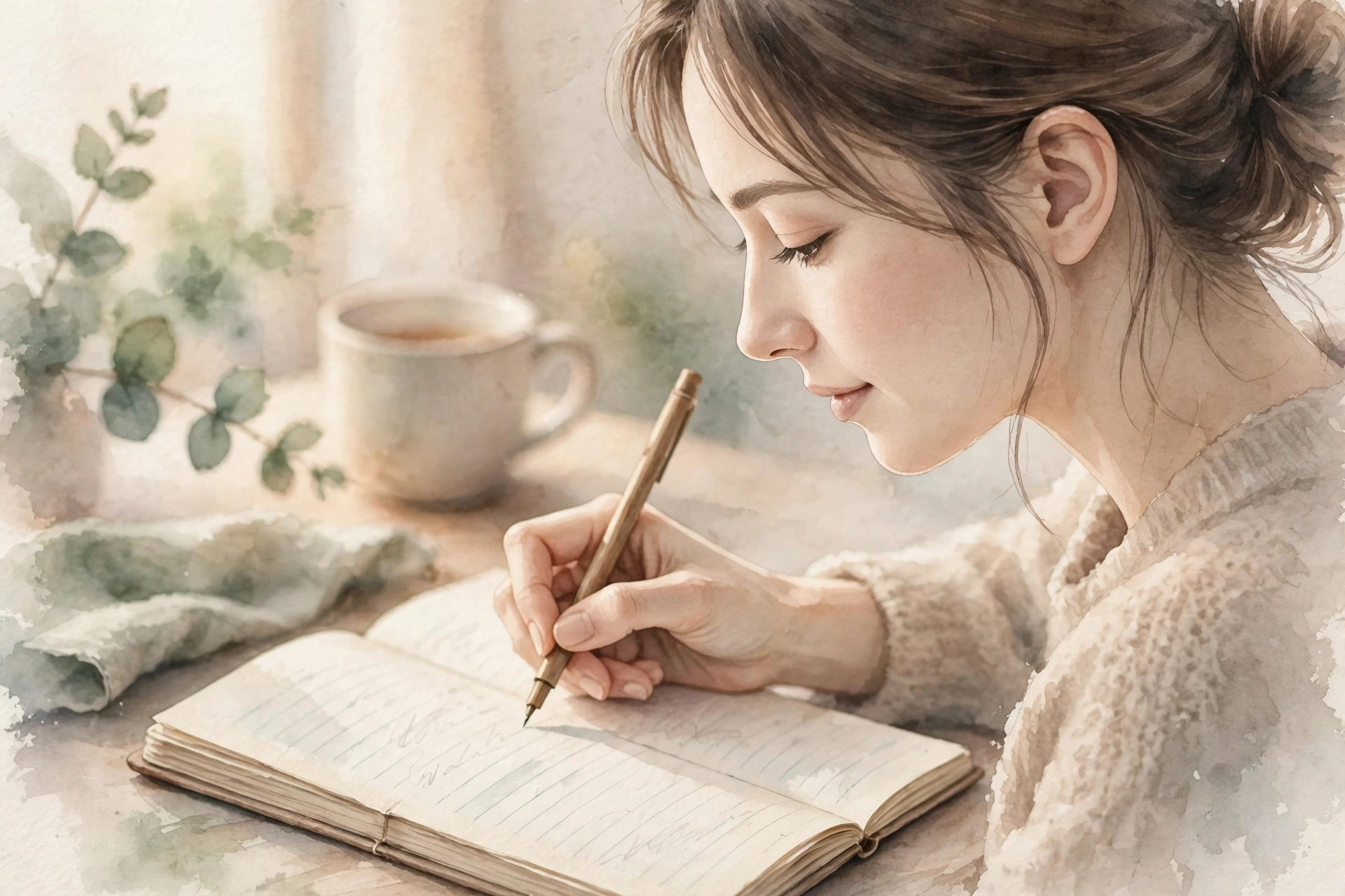 デスクでノートにメモを書き込む女性の手元と横顔
