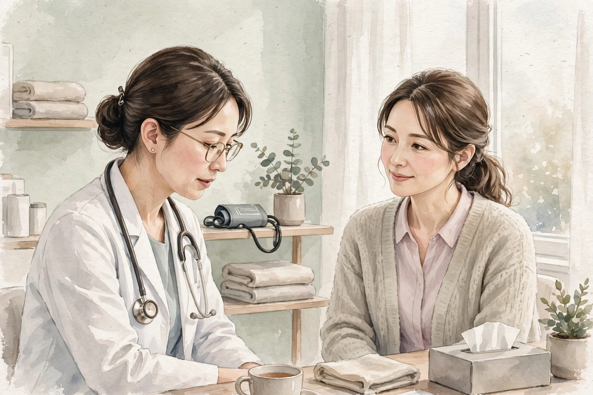 医師と向かい合って話を聞く女性