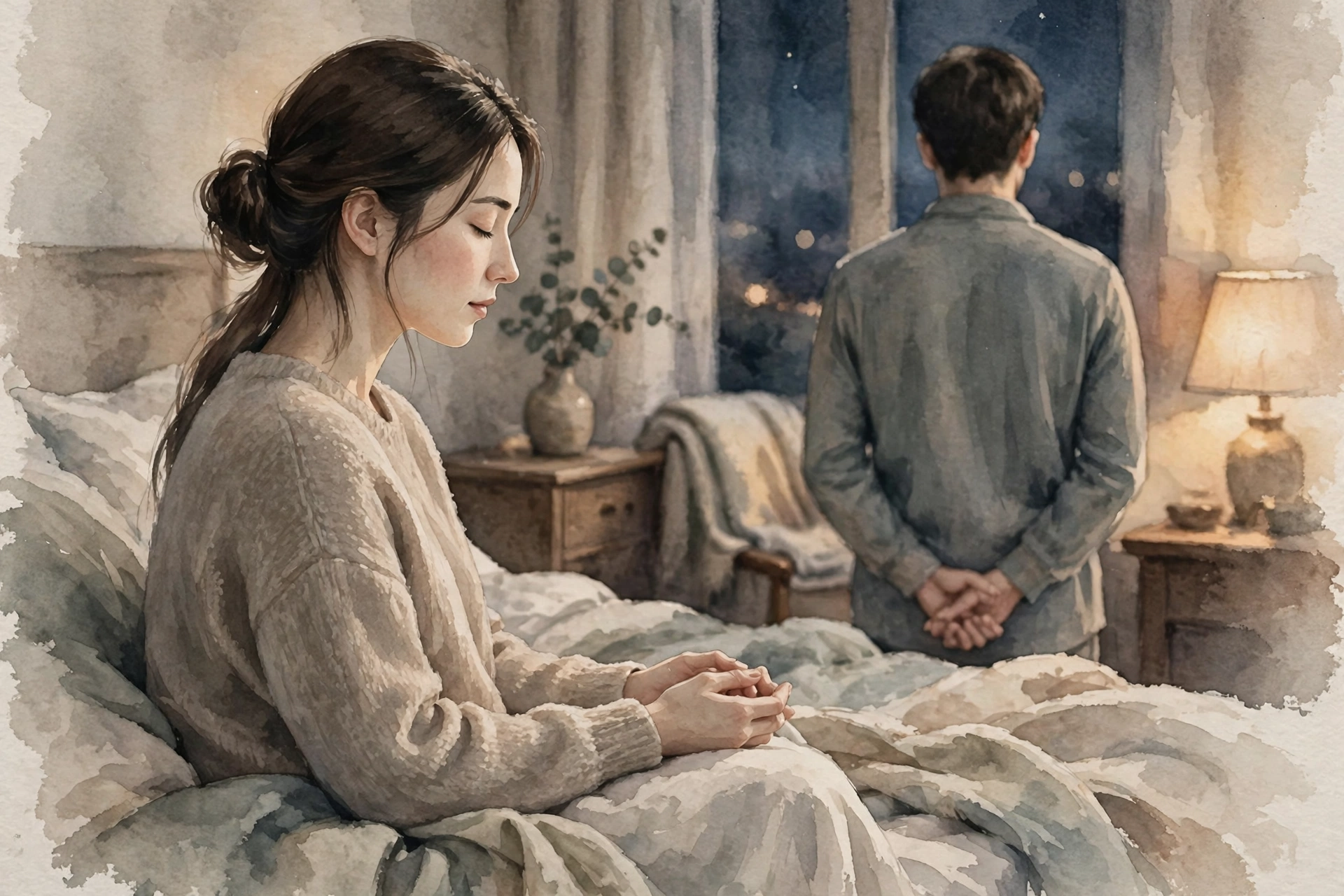 ベッドの端に座って深呼吸する女性と、少し離れて待つパートナーのイラスト