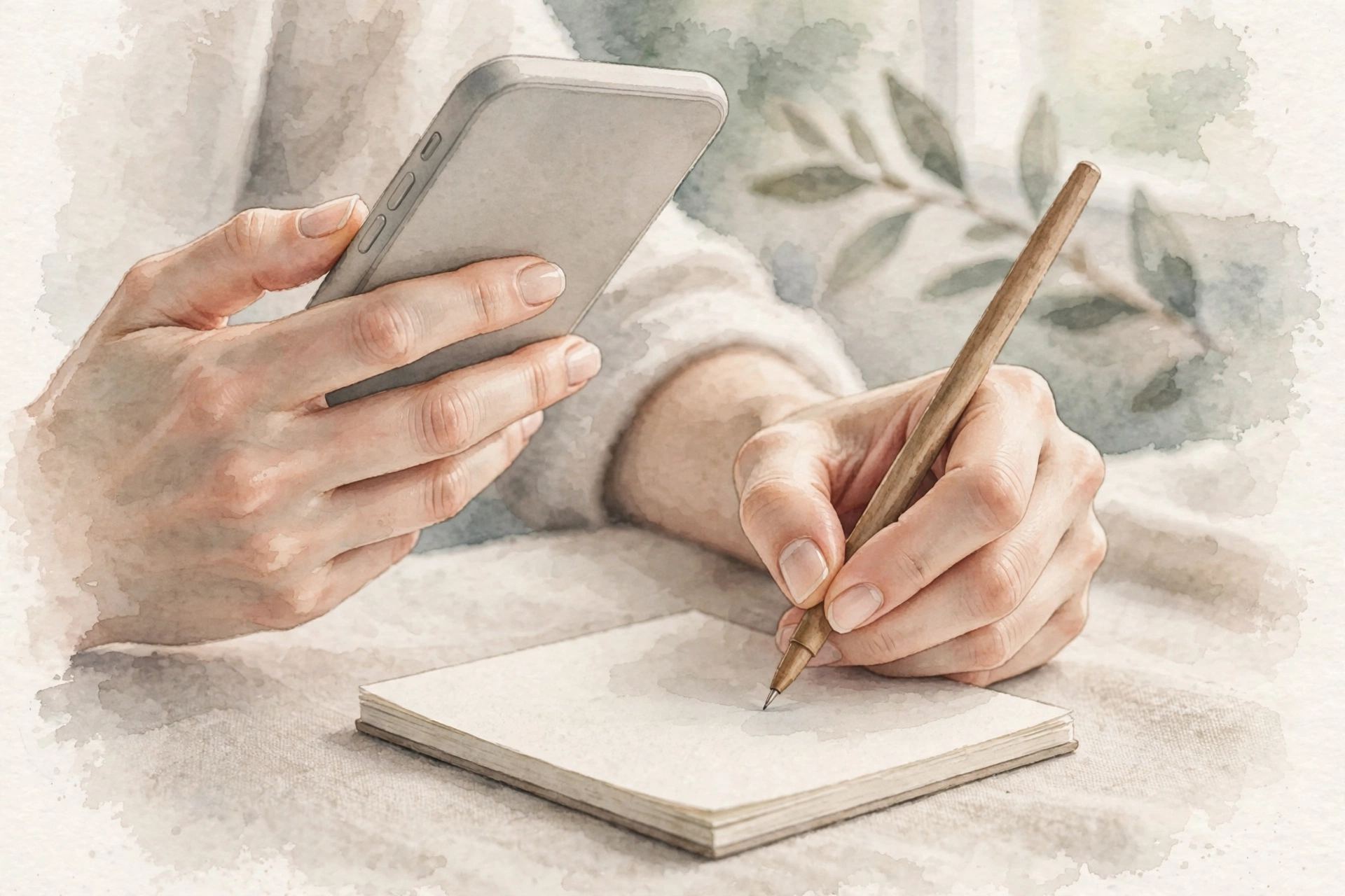 電話をしながらメモ用紙に短く書き留める手元のイラスト