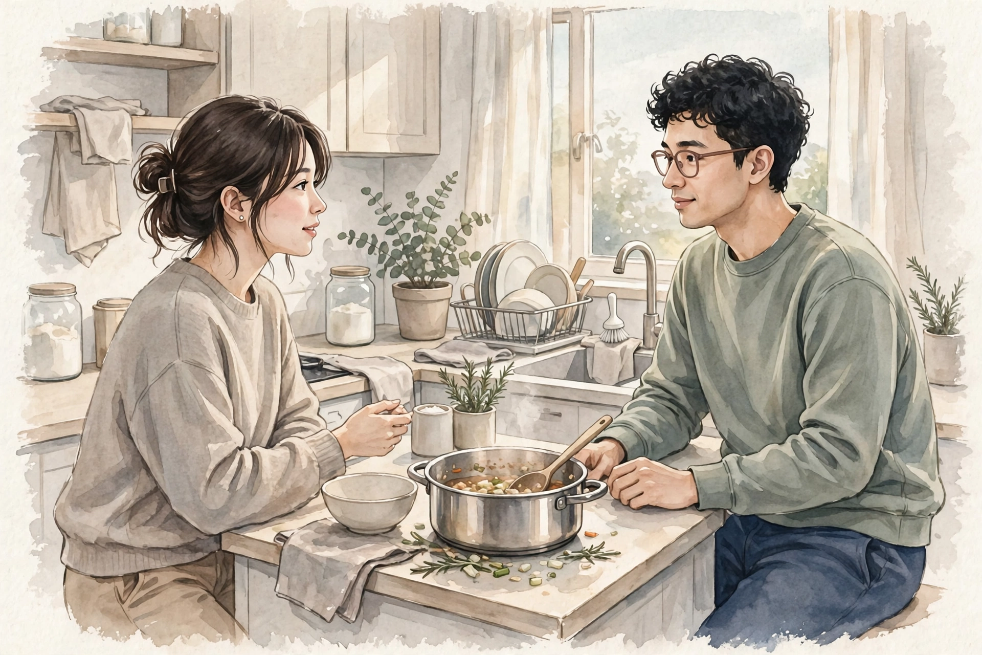 鍋の残った調理台を見ながら話す同棲カップル