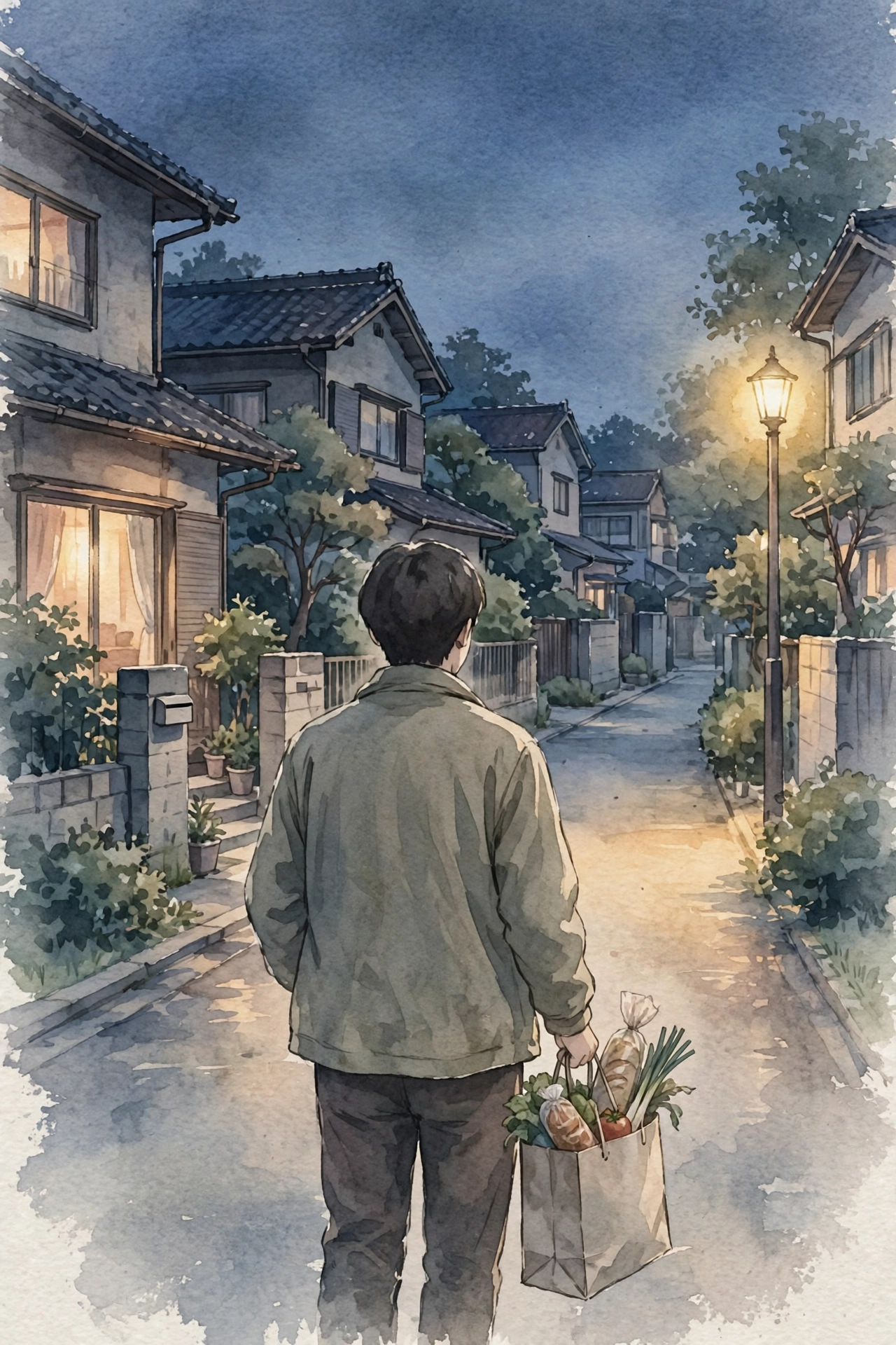 夜、帰宅途中に惣菜を買って帰る人物の後ろ姿