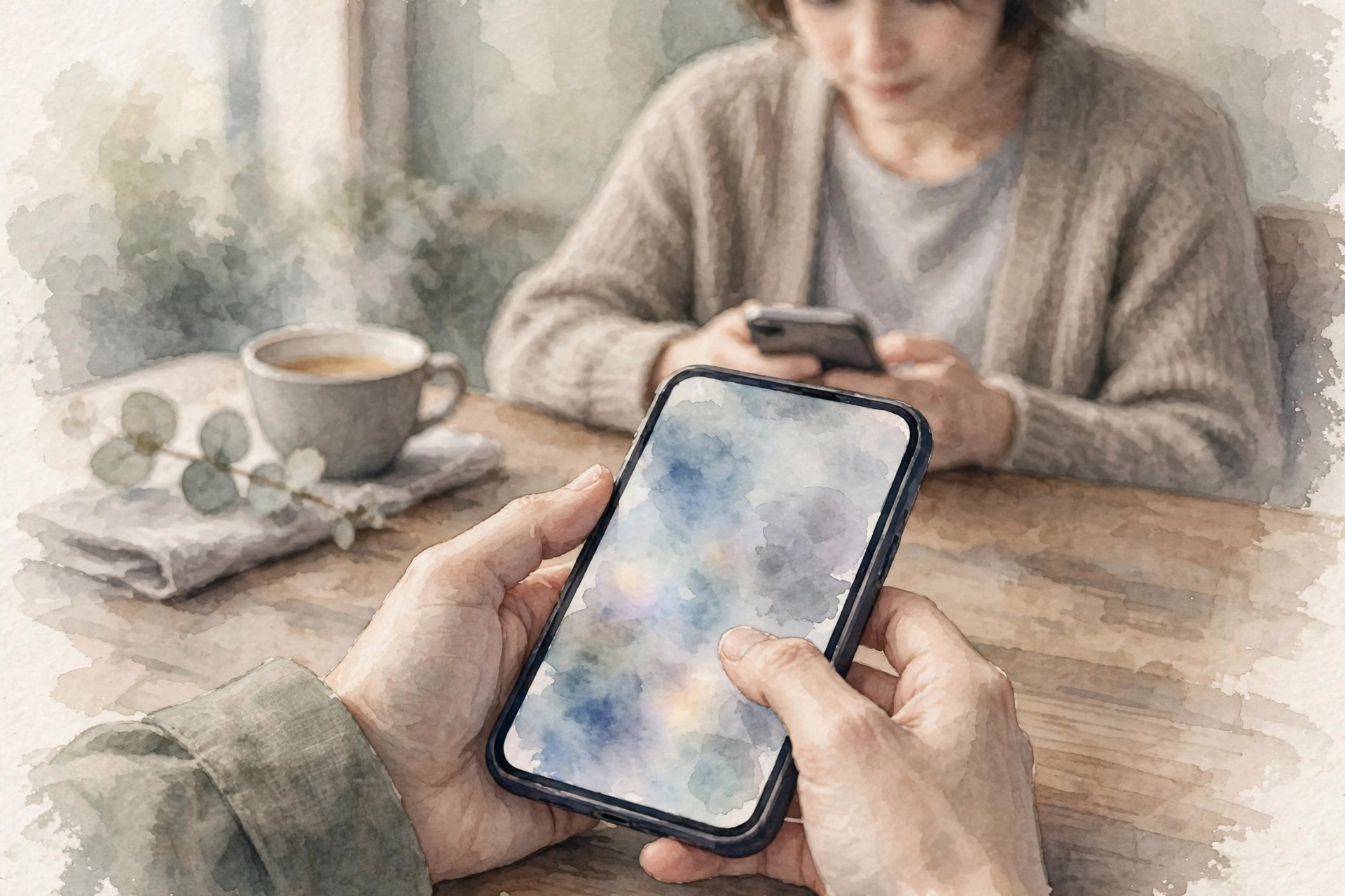 スマホで招待の操作をする手元と、向かいで確認する相手
