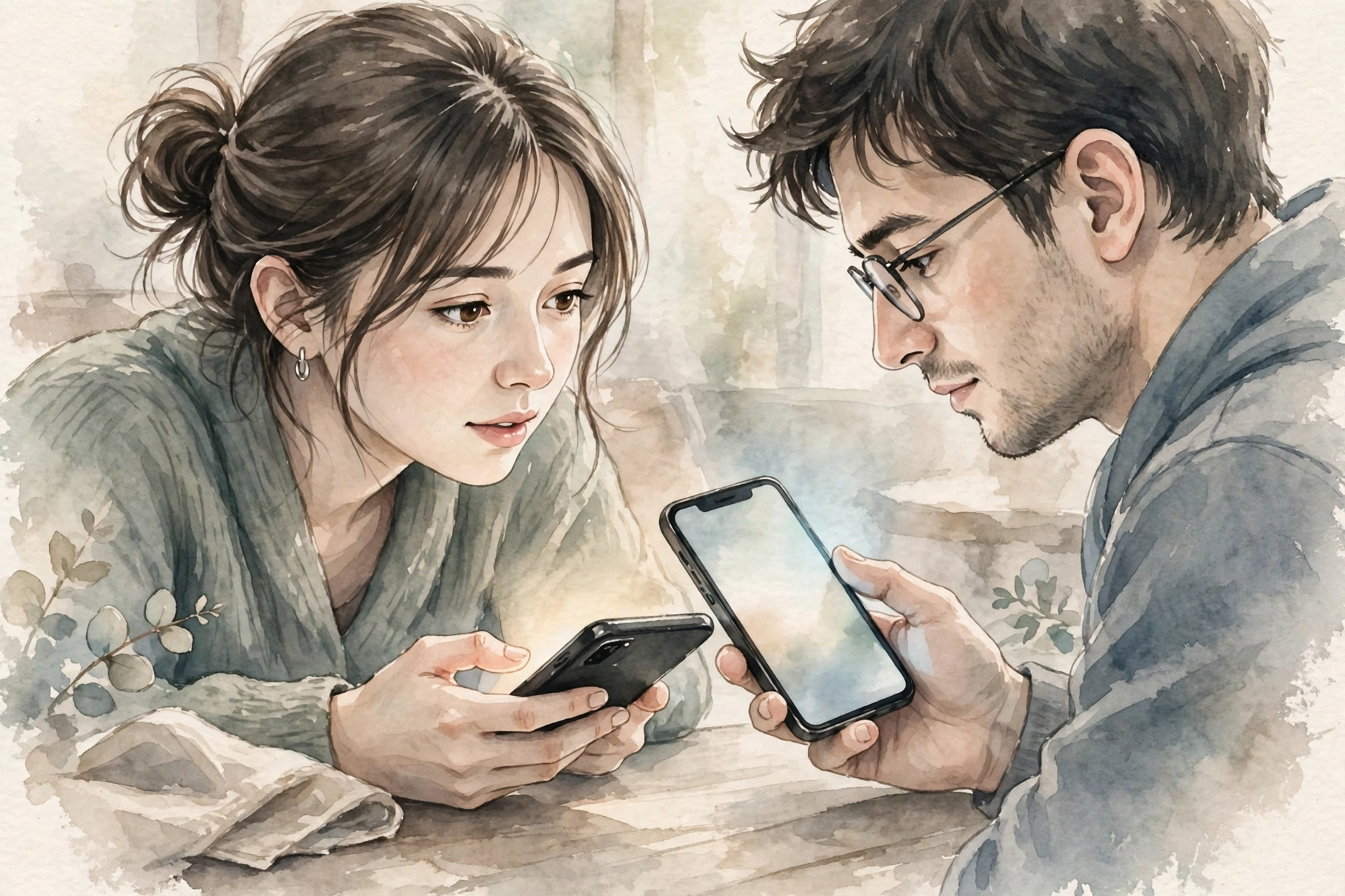 スマホで別の候補を見せ合いながら相談する二人のイラスト