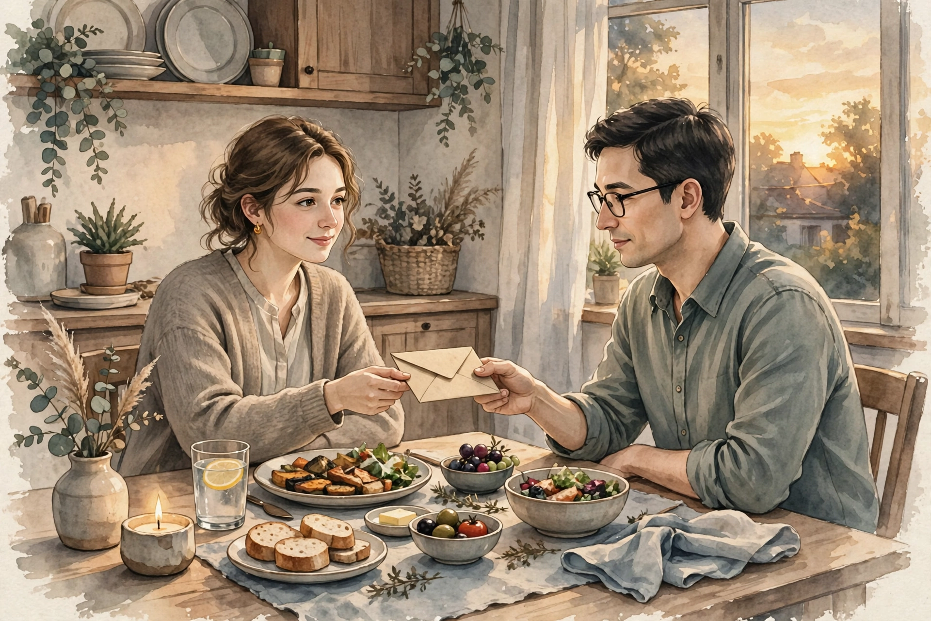 自宅の食卓で手紙を渡し、一緒に食事をする二人のイラスト