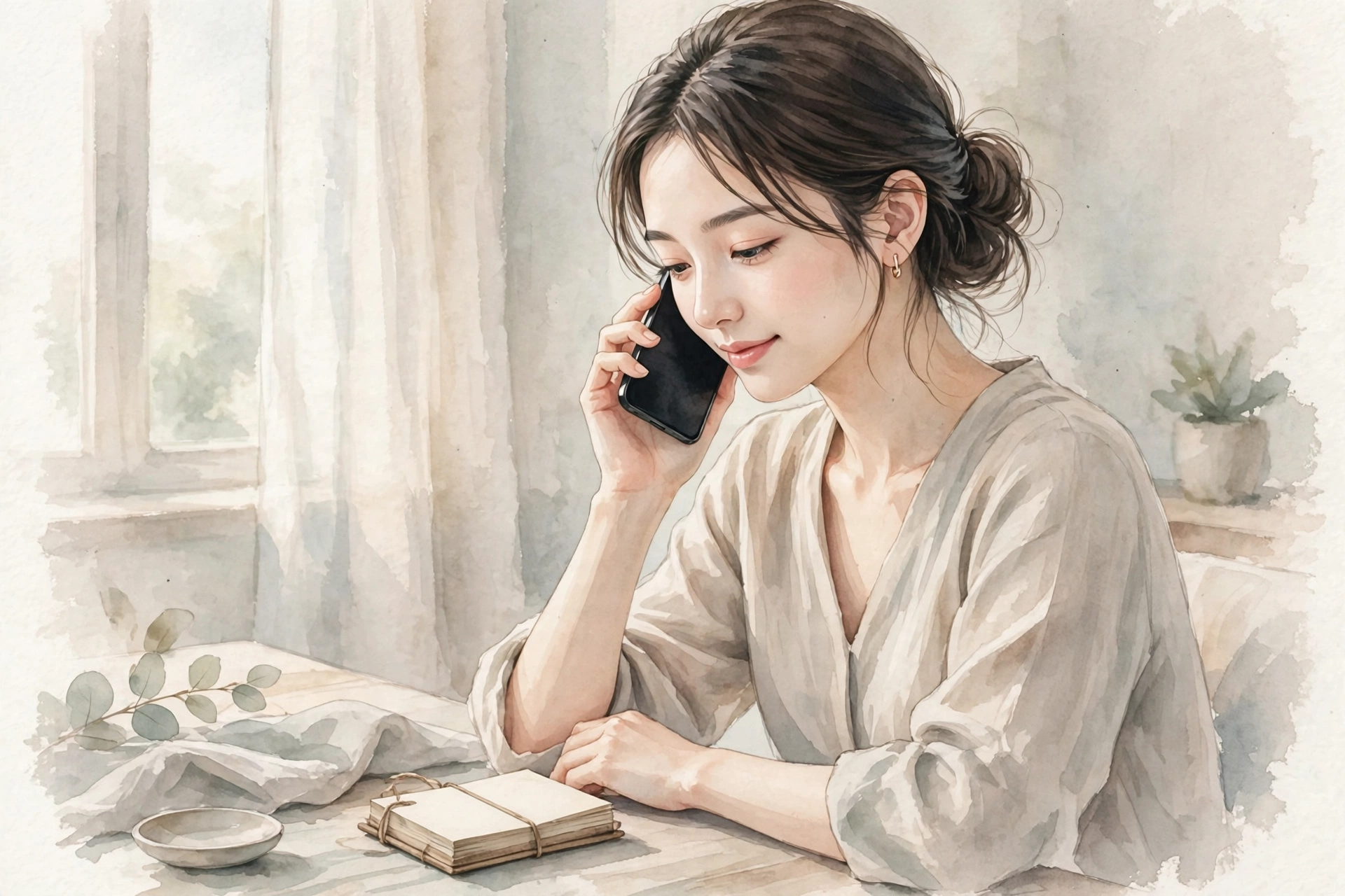 メモ帳を手元にスマートフォンで電話をかける女性