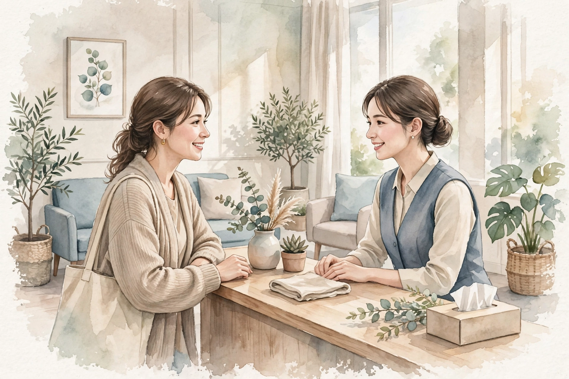 クリニックの受付で穏やかに話す女性と受付スタッフ