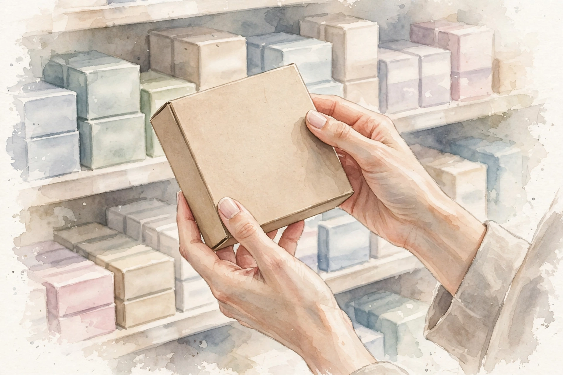 店頭の棚の前で箱を手に取り、裏面の表示を読む手元のイラスト