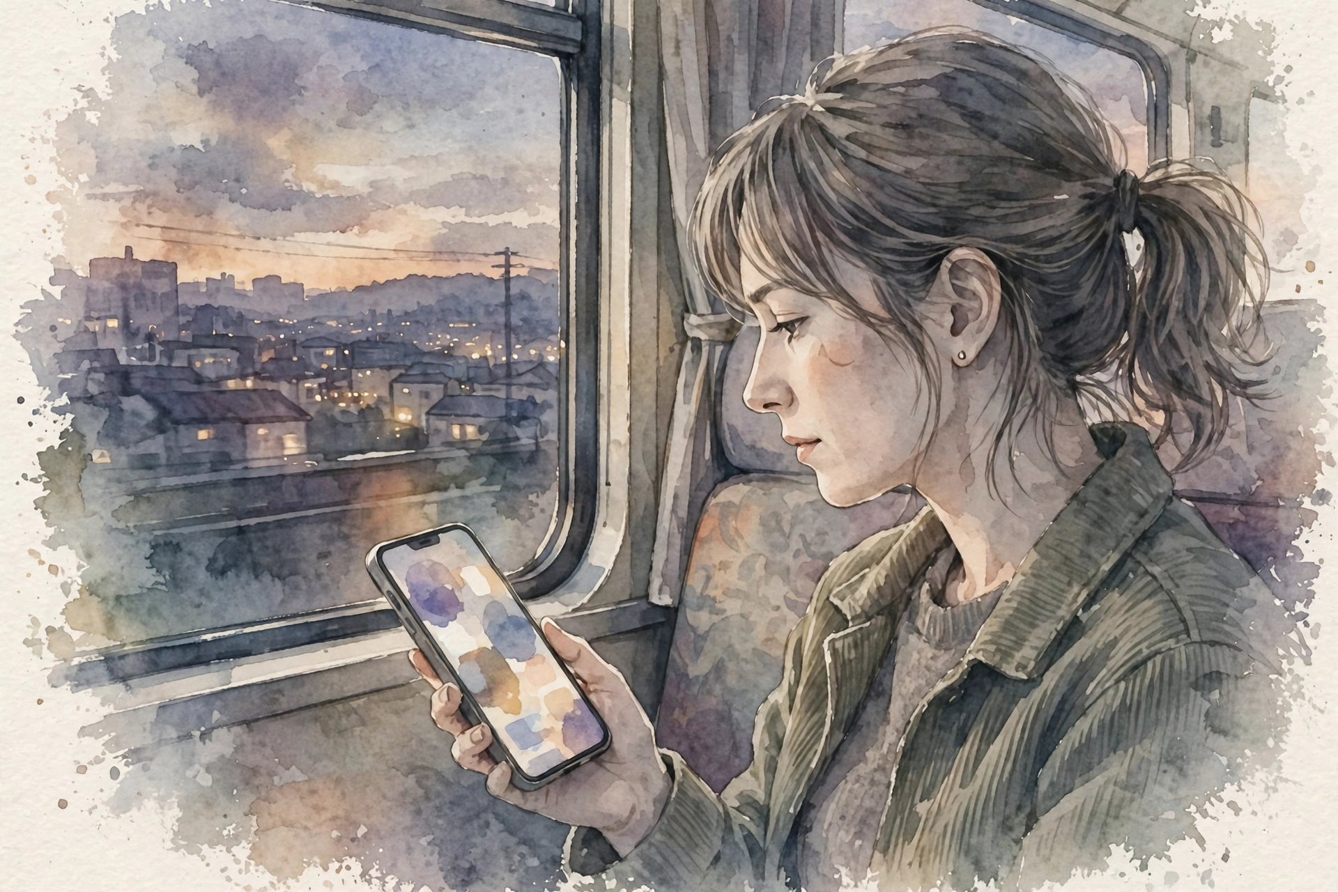 帰りの電車の窓際で、スマホの支出を見て考え込む人物の横顔