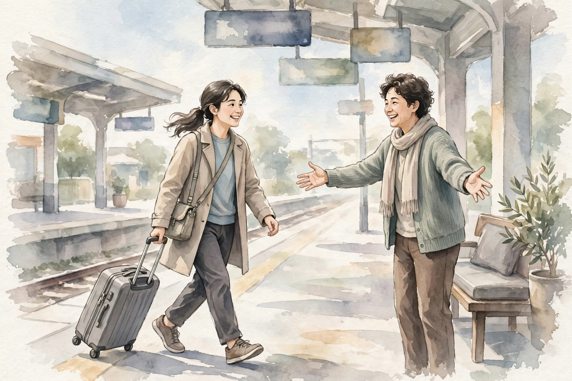 駅のホームで再会し、キャリーケースを引いて歩く人と迎える人