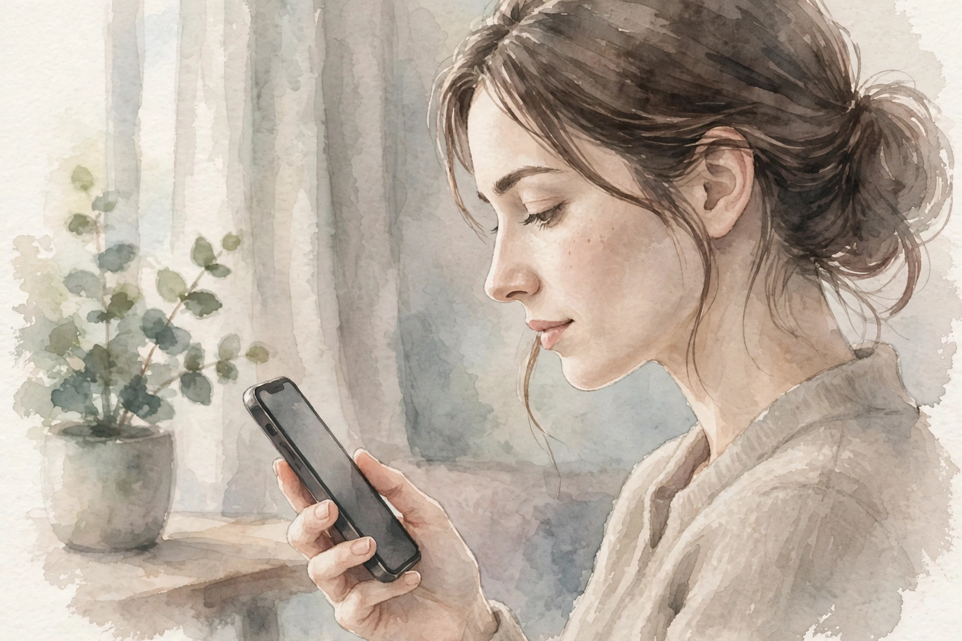 スマートフォンを手に、メッセージを見て少し考え込む女性の横顔のイラスト