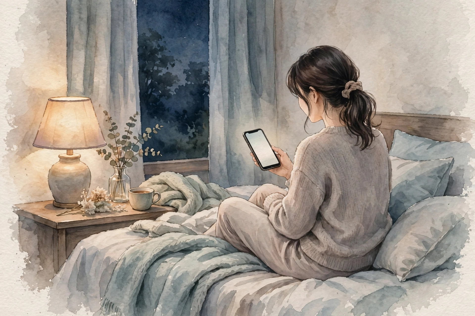 夜の室内でベッドサイドに座り、スマートフォンで相談先を探す後ろ姿のイラスト
