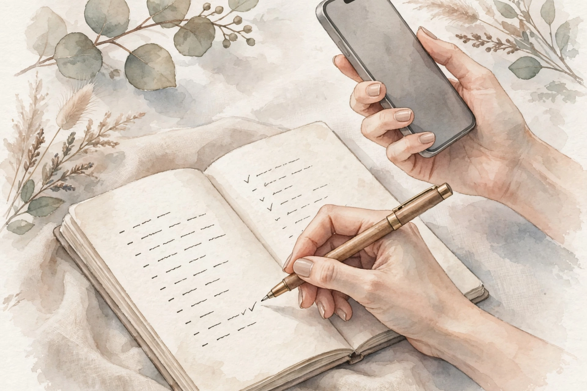 電話で相談しながら、ノートに次の予定を書き留める手元のイラスト