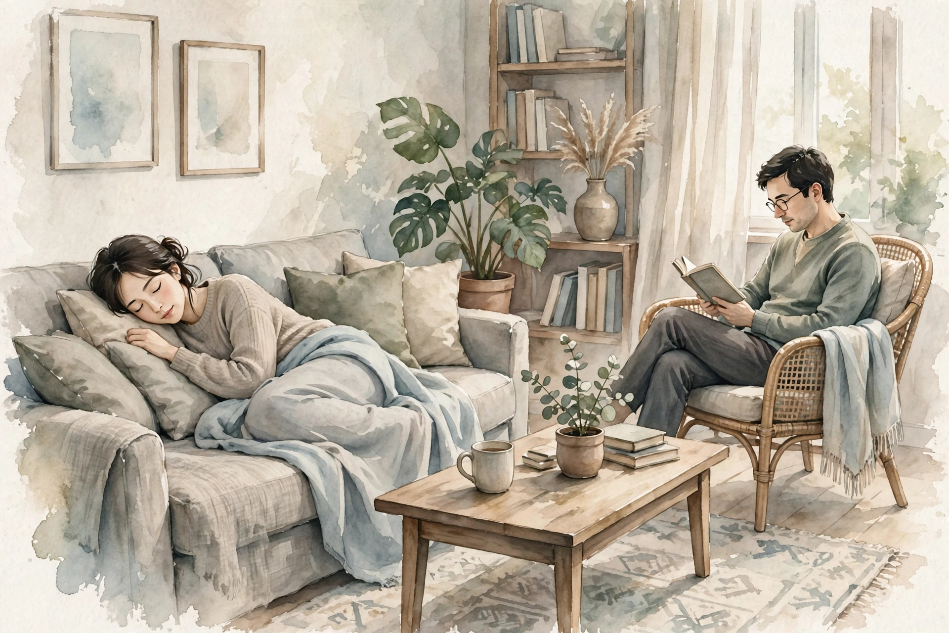 リビングで一人はソファで休み、もう一人は離れた席で本を読む二人