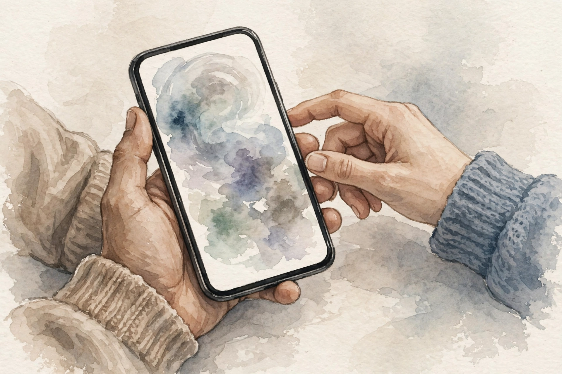 本人がスマホを持ち、相手と一緒に一枚の写真を見る手元