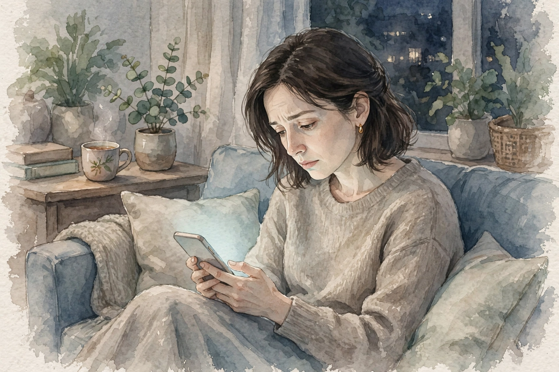 夜、ソファでスマートフォンを眺め、情報の多さに戸惑う女性のイラスト
