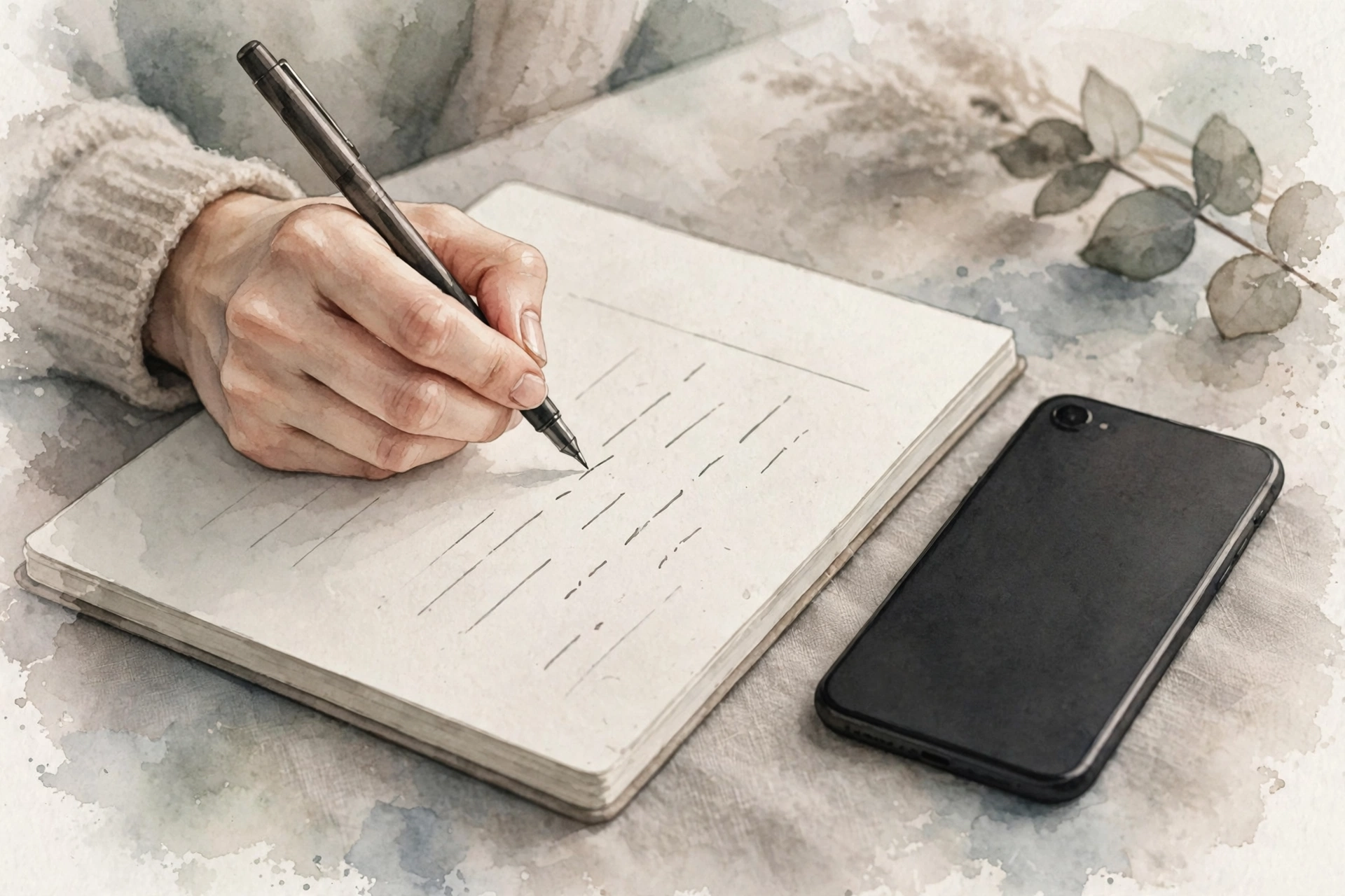 メモ帳に症状の経過を書き留める手元と、脇に置かれたスマートフォンのイラスト