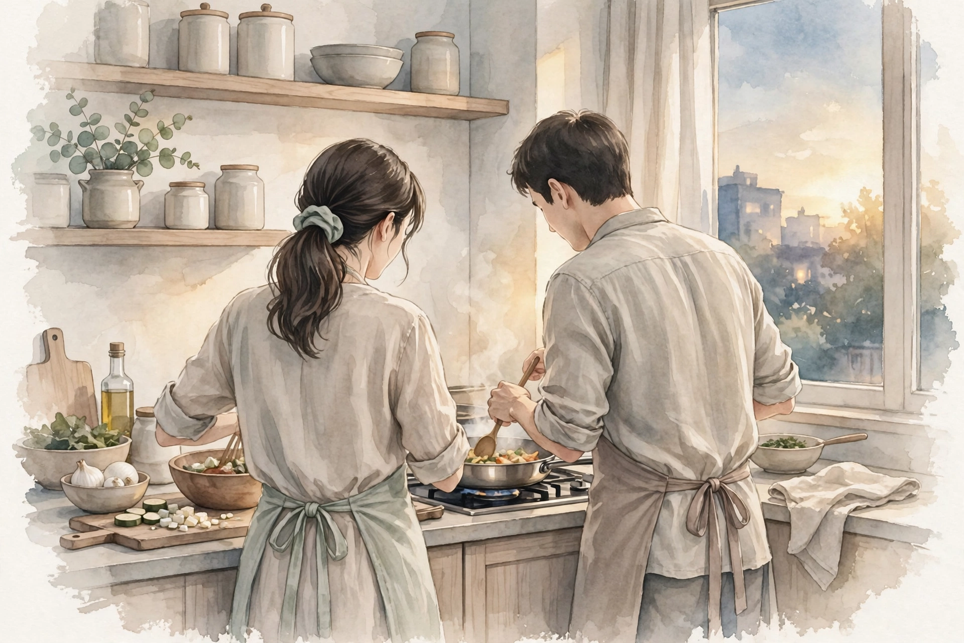 キッチンで一緒に料理するカップルのイラスト