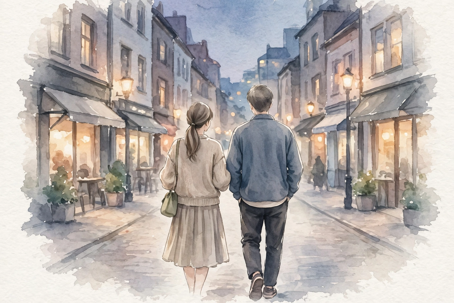 夕方の街を歩くカップルのイラスト