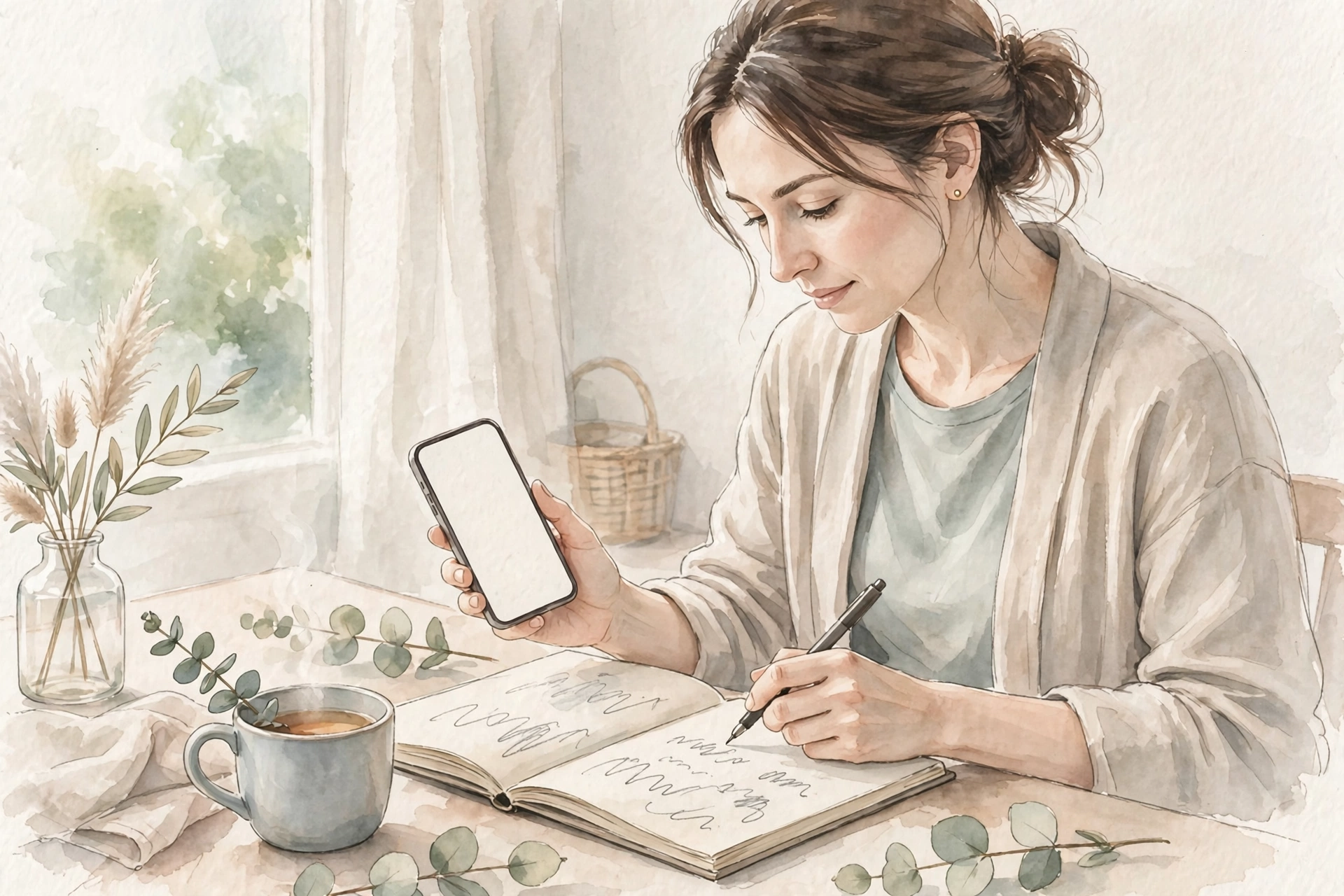 スマートフォンを手に、ノートへ希望を書き出す女性