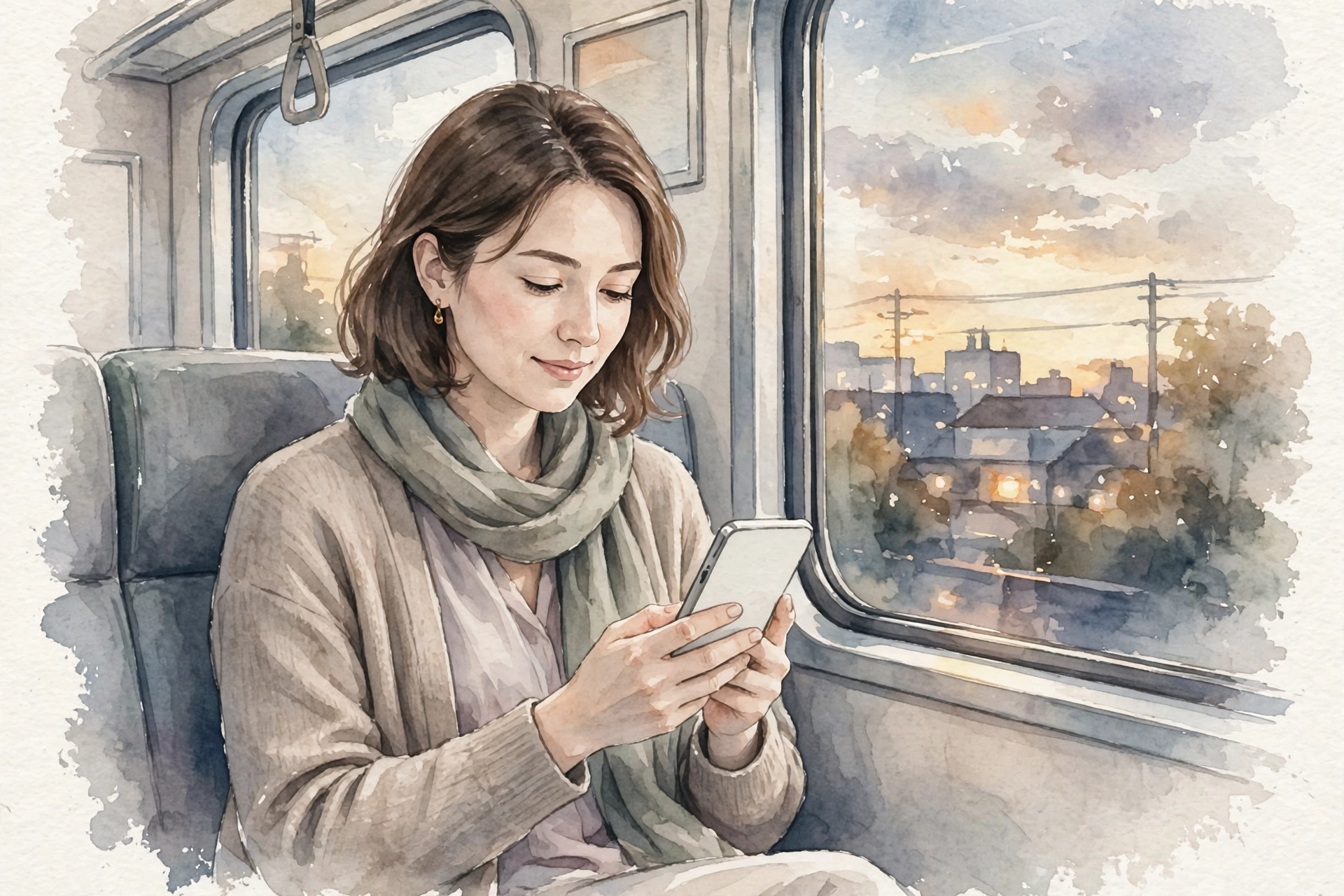 通勤電車でスマートフォンを確認する女性