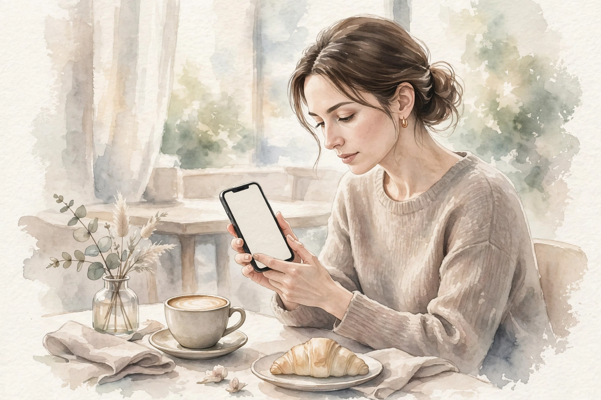 カフェでメッセージを書く前に考えている女性