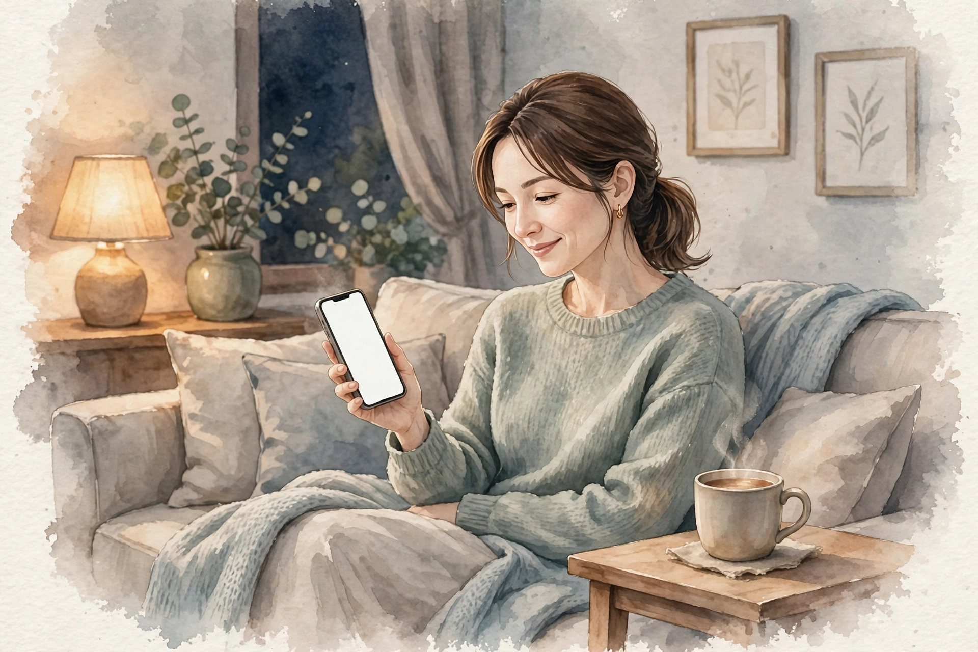 夜、ソファでスマートフォンを見てほほえむ女性