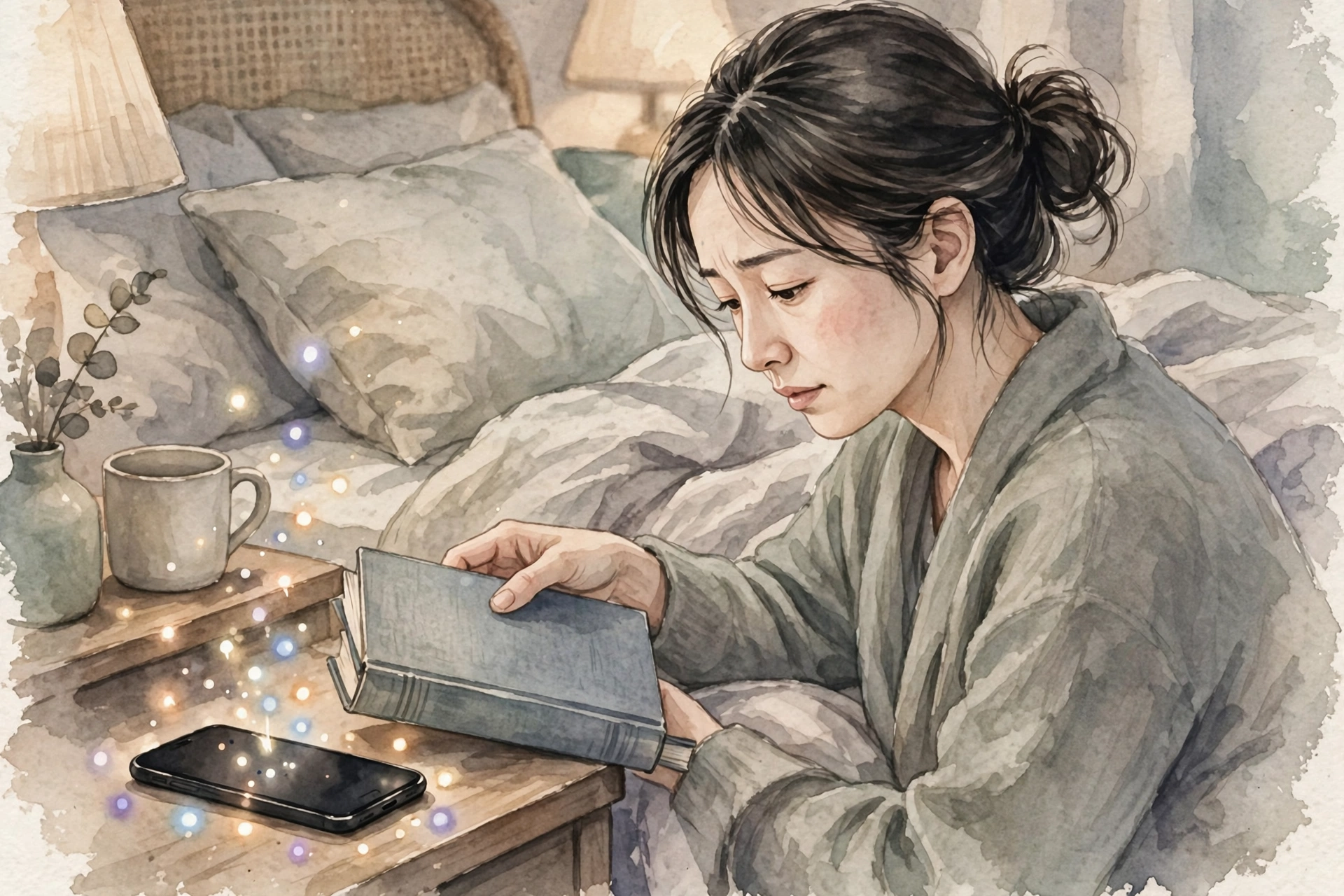 ベッドサイドで端末を伏せ、本を手に取る女性のイラスト