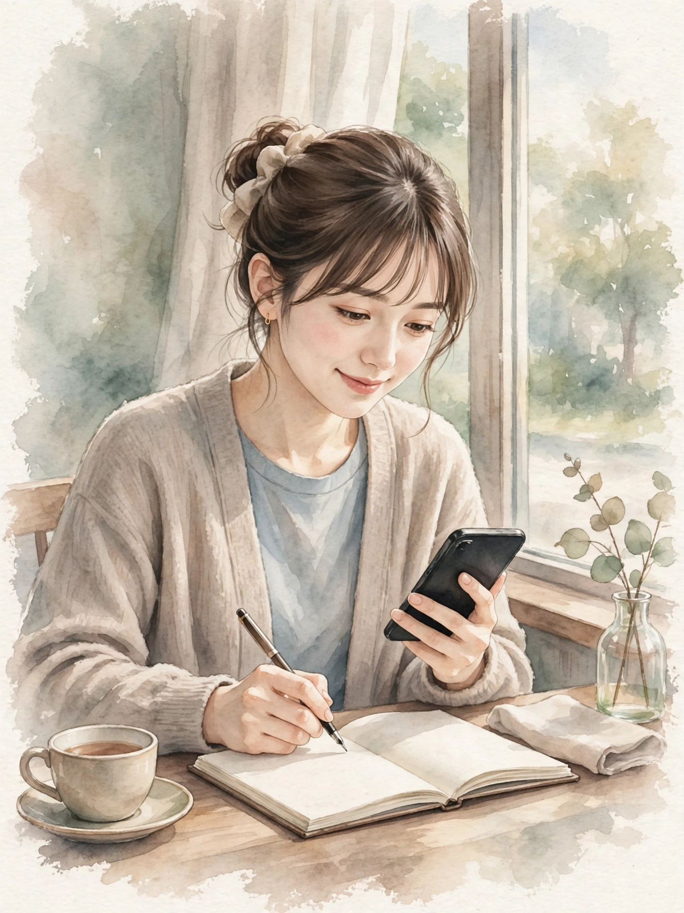 カフェの窓辺で自己紹介文を考え、メモを取る女性のイラスト