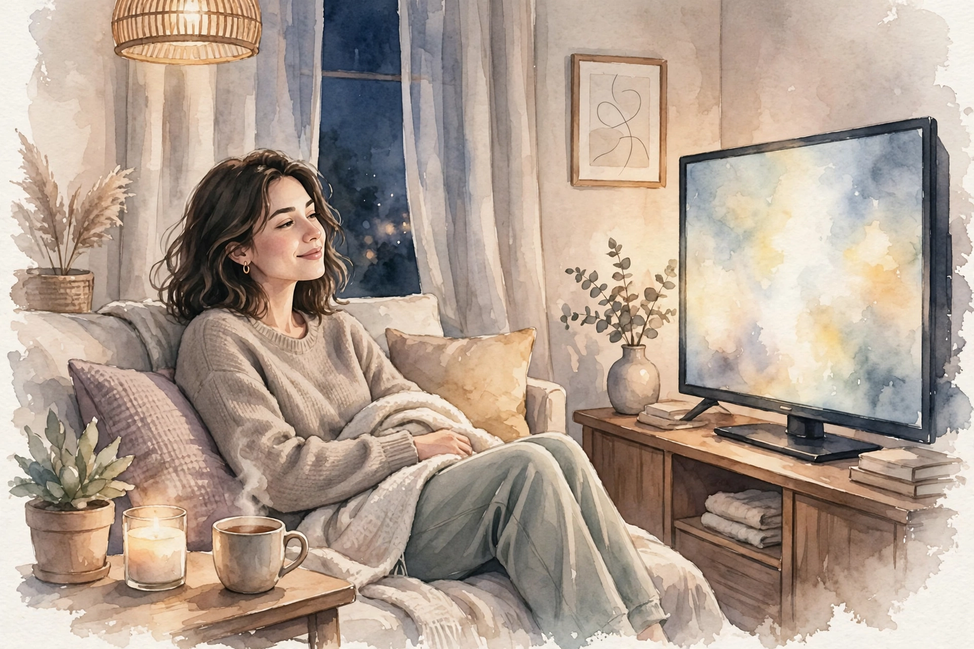 休日の夜、ソファでコメディ映画を見てくつろぐ女性のイラスト