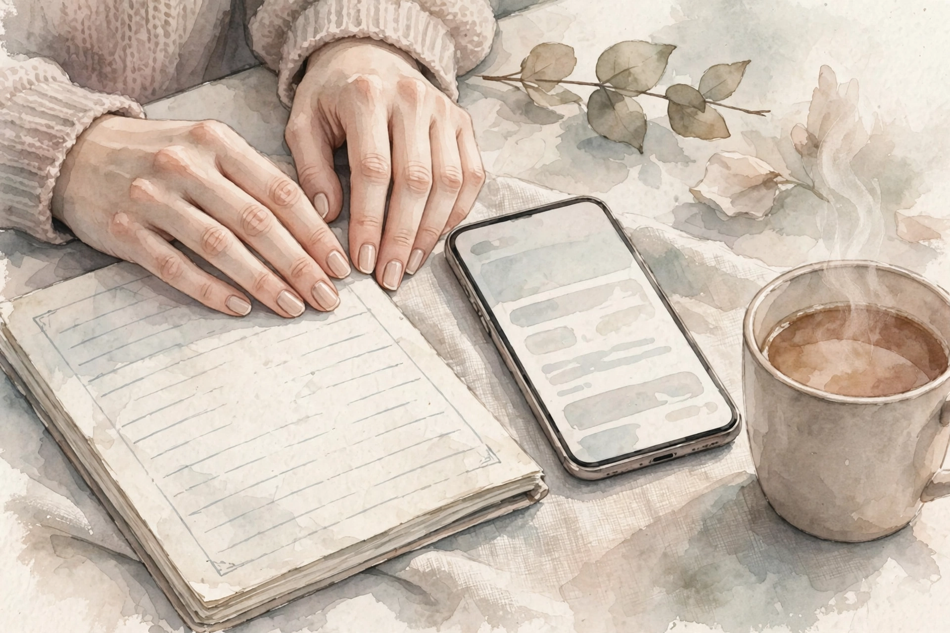 ノートとスマートフォンを並べて紹介文を見直す手元のイラスト